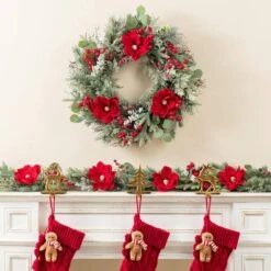 24 In. D Red Mangnolia And Berry Unlit Artificial Christmas Wreath -Christmas Decor Shop glitzhome christmas wreaths 2010500021 1f 1000