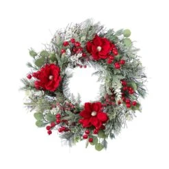 24 In. D Red Mangnolia And Berry Unlit Artificial Christmas Wreath