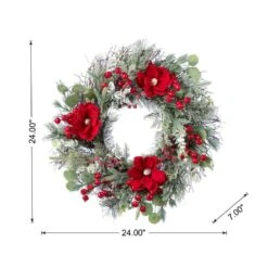 24 In. D Red Mangnolia And Berry Unlit Artificial Christmas Wreath -Christmas Decor Shop glitzhome christmas wreaths 2010500021 c3 1000