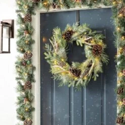 24 In. D Flocked Pinecone And Antler Artificial Christmas Wreath With Lights -Christmas Decor Shop glitzhome christmas wreaths 2016000006 77 1000