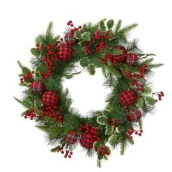 24 In. D Ornament Berry Holly Pine Artificial Christmas Wreath With Lights 15 24 In. D Ornament Berry Holly Pine Artificial Christmas Wreath With Lights -Christmas Decor Shop glitzhome christmas wreaths 2016000008 1f 1000