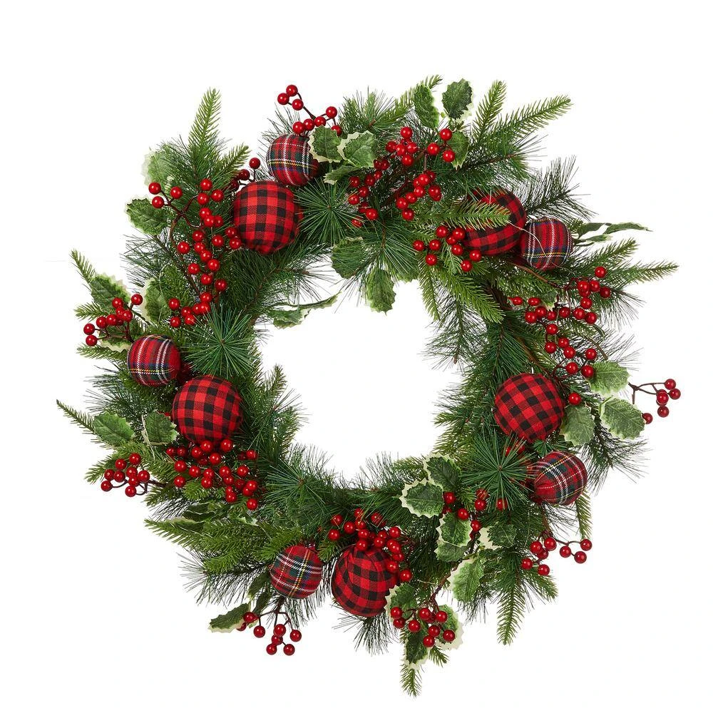 24 In. D Ornament Berry Holly Pine Artificial Christmas Wreath With Lights 8 24 In. D Ornament Berry Holly Pine Artificial Christmas Wreath With Lights - Image 6