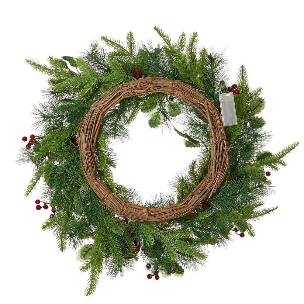 24 In. D Ornament Berry Holly Pine Artificial Christmas Wreath With Lights 9 24 In. D Ornament Berry Holly Pine Artificial Christmas Wreath With Lights - Image 7