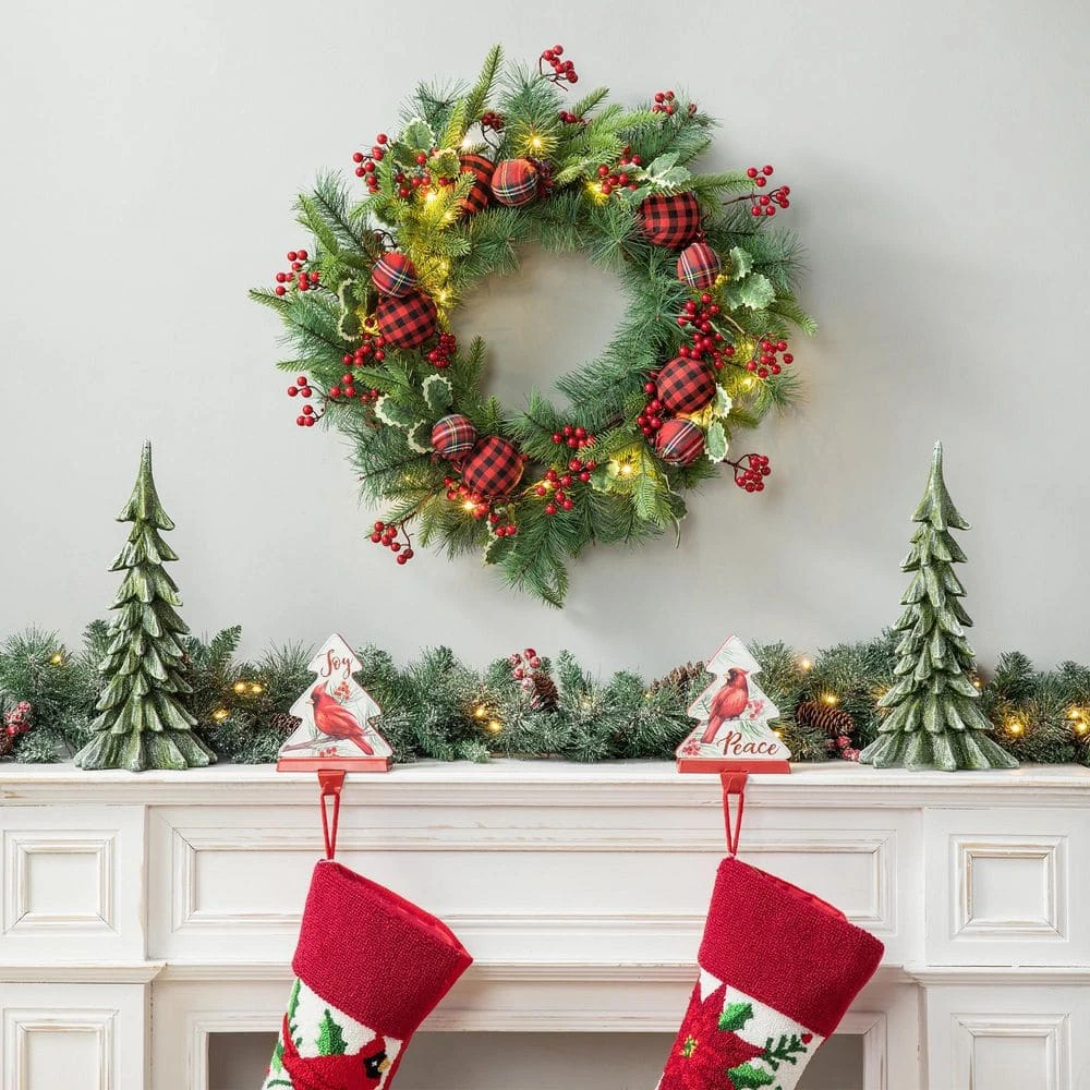 24 In. D Ornament Berry Holly Pine Artificial Christmas Wreath With Lights 3 24 In. D Ornament Berry Holly Pine Artificial Christmas Wreath With Lights