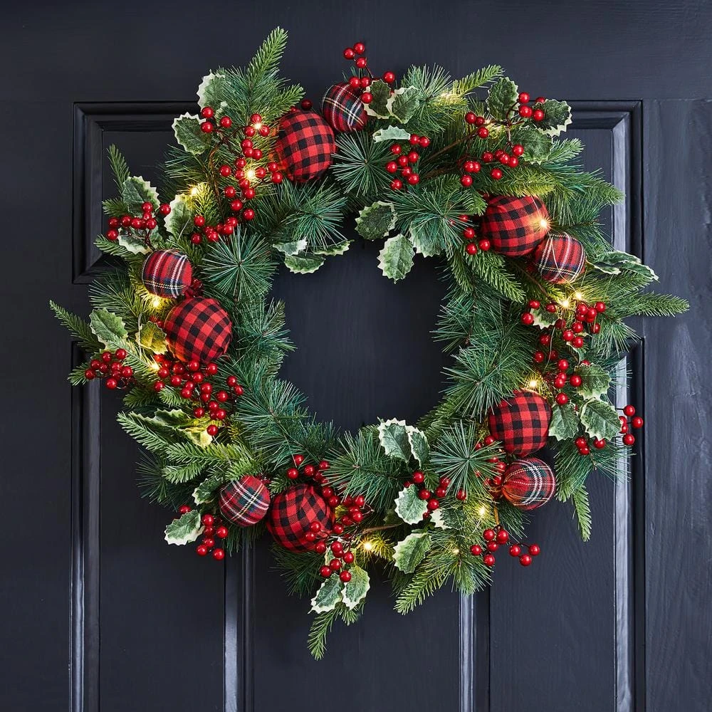 24 In. D Ornament Berry Holly Pine Artificial Christmas Wreath With Lights 6 24 In. D Ornament Berry Holly Pine Artificial Christmas Wreath With Lights - Image 4