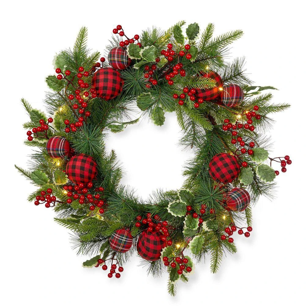 24 In. D Ornament Berry Holly Pine Artificial Christmas Wreath With Lights 4 24 In. D Ornament Berry Holly Pine Artificial Christmas Wreath With Lights - Image 2