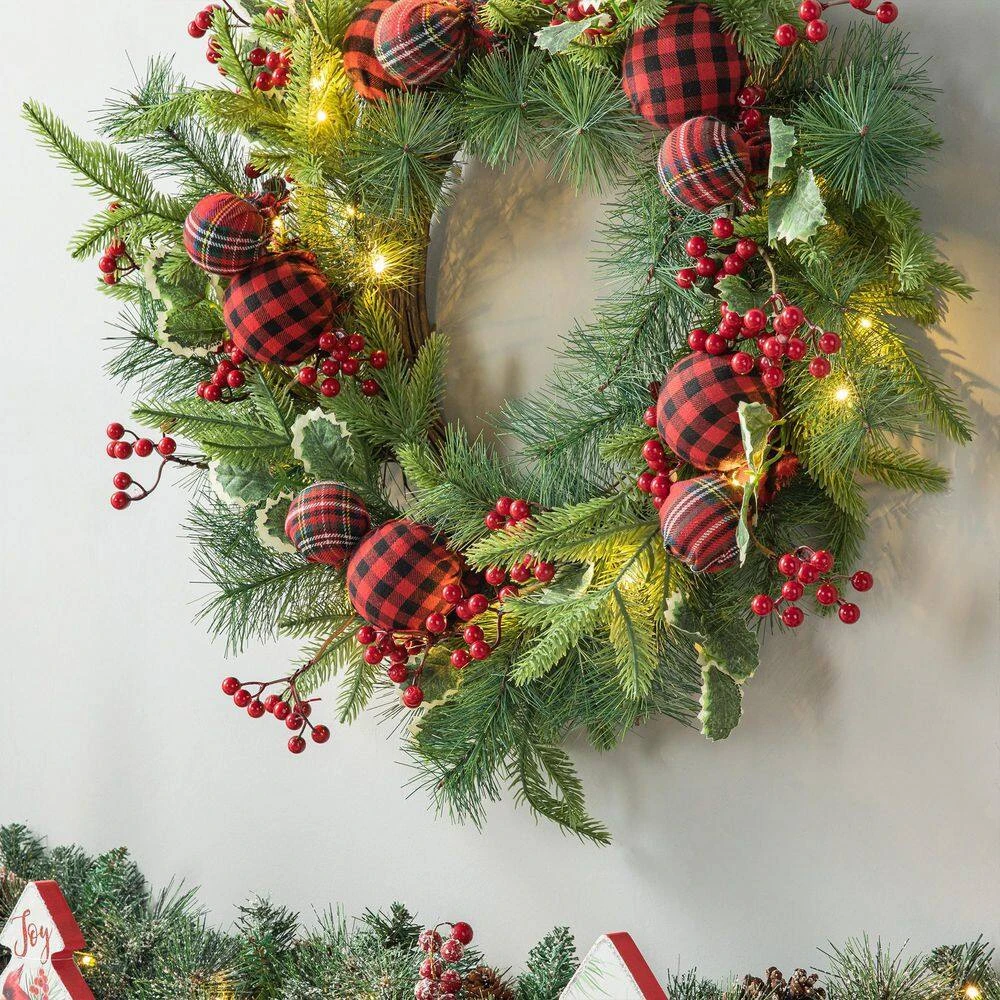 24 In. D Ornament Berry Holly Pine Artificial Christmas Wreath With Lights 10 24 In. D Ornament Berry Holly Pine Artificial Christmas Wreath With Lights - Image 8