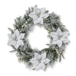 24 In. D Pre-Lit Snow Flocked Greenery Pine Poinsettia Artificial Christmas Wreath, With 50 White Lights With Timer -Christmas Decor Shop glitzhome christmas wreaths 2016000016 1f 1000