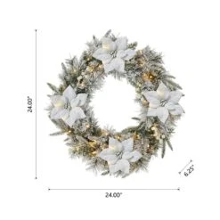 24 In. D Pre-Lit Snow Flocked Greenery Pine Poinsettia Artificial Christmas Wreath, With 50 White Lights With Timer -Christmas Decor Shop glitzhome christmas wreaths 2016000016 4f 1000