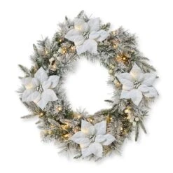24 In. D Pre-Lit Snow Flocked Greenery Pine Poinsettia Artificial Christmas Wreath, With 50 White Lights With Timer