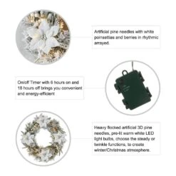 24 In. D Pre-Lit Snow Flocked Greenery Pine Poinsettia Artificial Christmas Wreath, With 50 White Lights With Timer -Christmas Decor Shop glitzhome christmas wreaths 2016000016 c3 1000