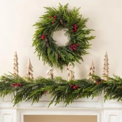 24 In. D PE Dripping Artificial Christmas PreLit Wreath With Pinecones And Red Berries -Christmas Decor Shop glitzhome christmas wreaths 2016000059 31 1000