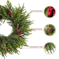 24 In. D PE Dripping Artificial Christmas PreLit Wreath With Pinecones And Red Berries -Christmas Decor Shop glitzhome christmas wreaths 2016000059 44 1000