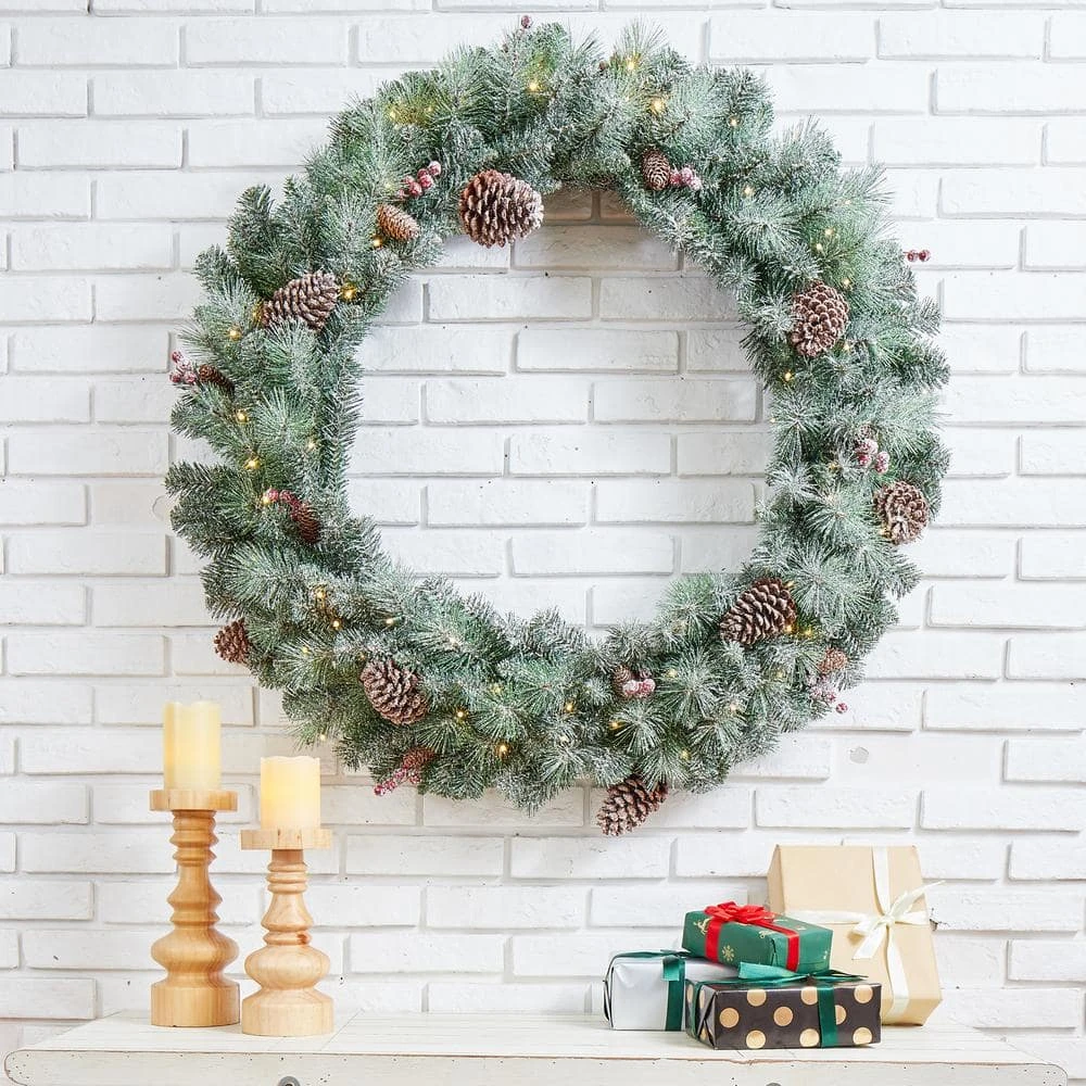 36 In. D Oversized Pre-Lit Glittered Pine Cone Artificial Christmas Wreath With 50 Warm White Lights 4 36 In. D Oversized Pre-Lit Glittered Pine Cone Artificial Christmas Wreath With 50 Warm White Lights - Image 2
