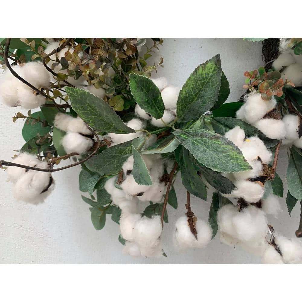 24 In. Unlit Green Artificial Christmas Wreath With Cottons And Leaves 7 24 In. Unlit Green Artificial Christmas Wreath With Cottons And Leaves - Image 5