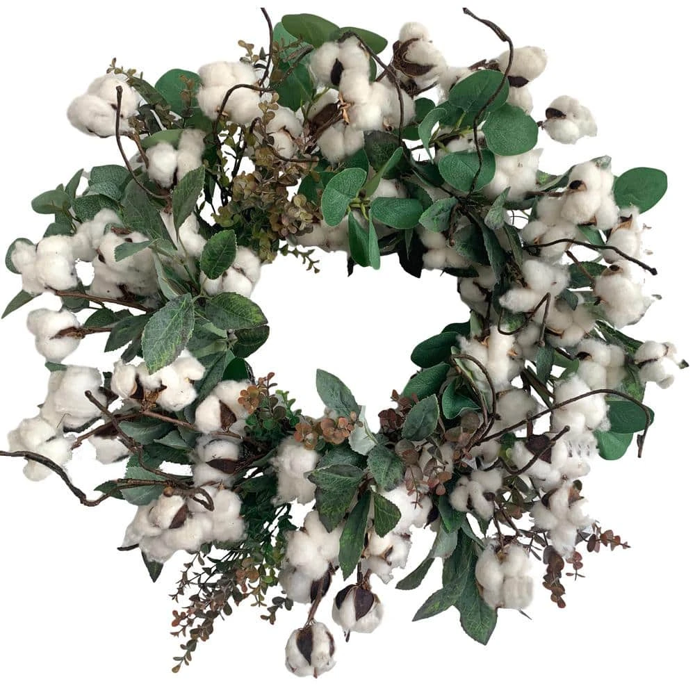 24 In. Unlit Green Artificial Christmas Wreath With Cottons And Leaves 3 24 In. Unlit Green Artificial Christmas Wreath With Cottons And Leaves