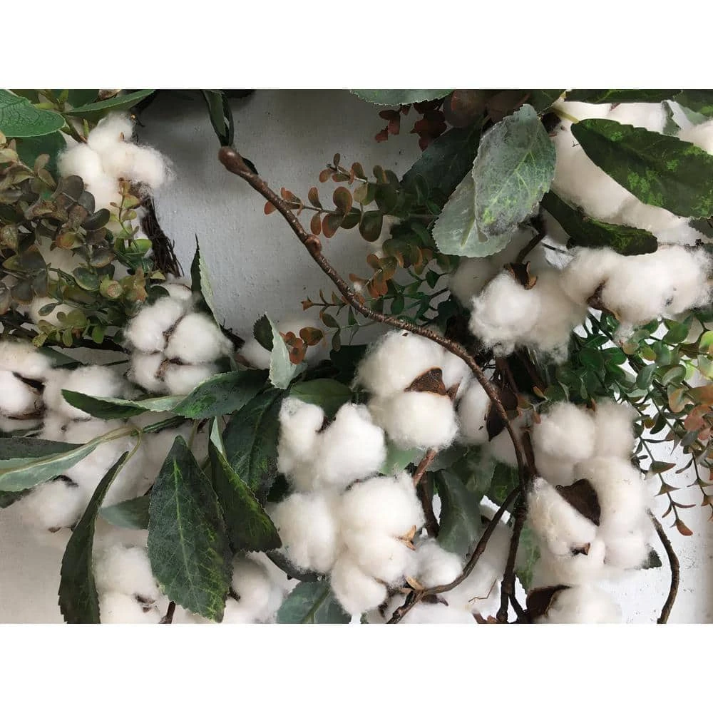 24 In. Unlit Green Artificial Christmas Wreath With Cottons And Leaves 4 24 In. Unlit Green Artificial Christmas Wreath With Cottons And Leaves - Image 2