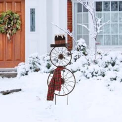 36 In. H Metal Bike Wheel Snowman Yard Stake Wall Dcor -Christmas Decor Shop glitzhome christmas yard decorations 1103202625 76 1000