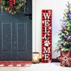 42 In. H Wooden Plaid Pet Welcome Porch Sign