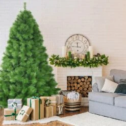 7 Ft. Metal Artificial Christmas Tree Hinged Tree With Stand 808 Branch Tips -Christmas Decor Shop gymax christmas tree stands gym05974 1f 1000