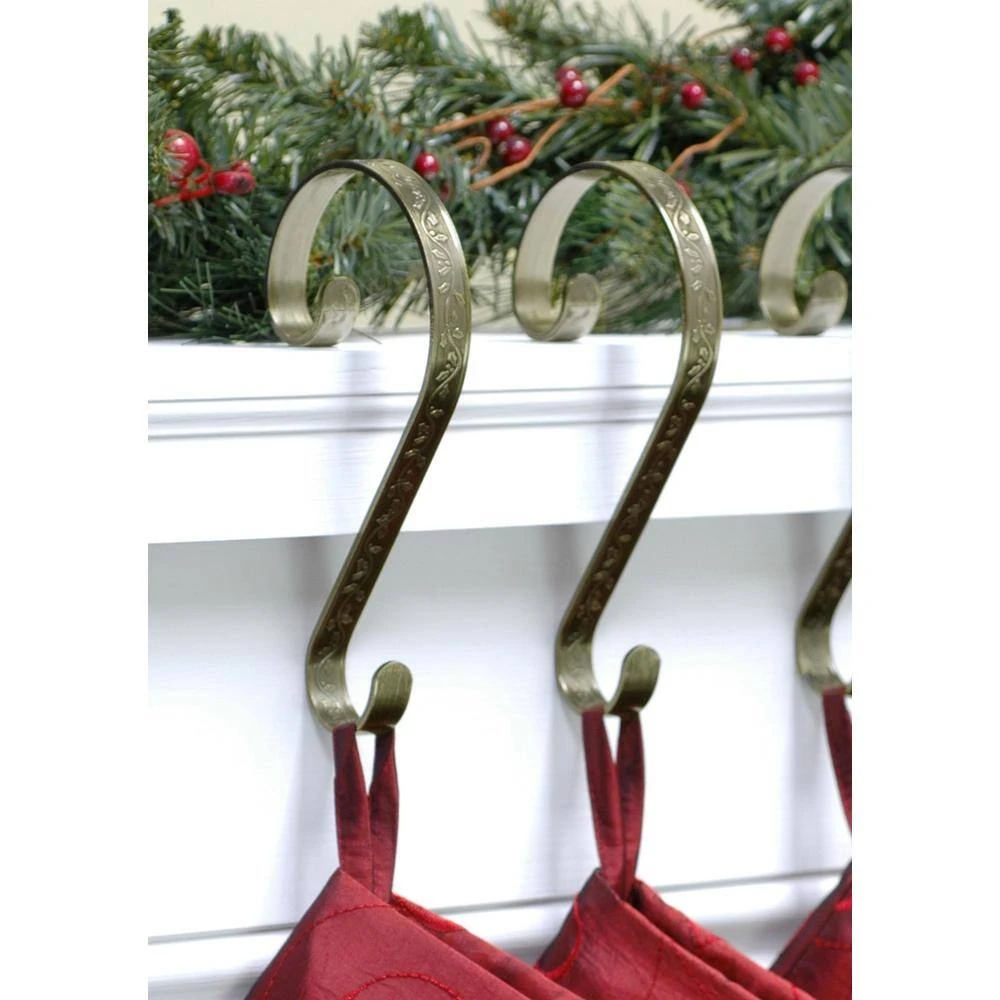 Antique Brass Embossed Holly Stocking Scrolls Stocking Holders (2-Pack) 4 Antique Brass Embossed Holly Stocking Scrolls Stocking Holders (2-Pack) - Image 2