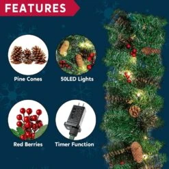 9Ft Christmas Garland Prelit With 50 Lights, Bristle, Pine Cones, Holly Berries -Christmas Decor Shop joyfy christmas garland 30074 b 1f 1000