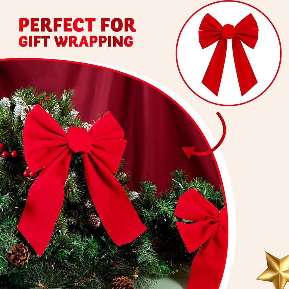 12 Pack Christmas Red Ornament Velvet Bows 13 In. Long By 9 In. Wide Decorative Christmas Bow, Wreath Garland Tree Decor 7 12 Pack Christmas Red Ornament Velvet Bows 13 In. Long By 9 In. Wide Decorative Christmas Bow, Wreath Garland Tree Decor - Image 5
