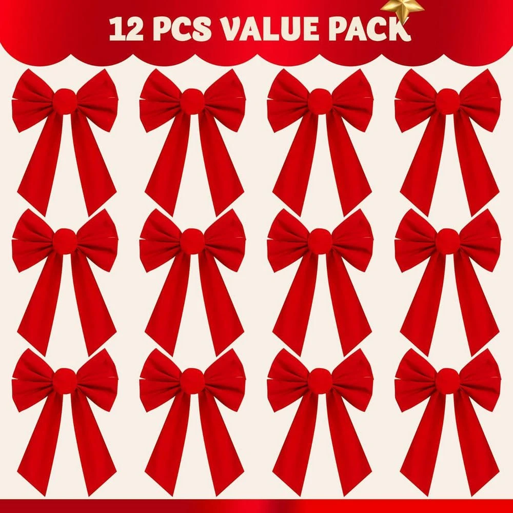 12 Pack Christmas Red Ornament Velvet Bows 13 In. Long By 9 In. Wide Decorative Christmas Bow, Wreath Garland Tree Decor 5 12 Pack Christmas Red Ornament Velvet Bows 13 In. Long By 9 In. Wide Decorative Christmas Bow, Wreath Garland Tree Decor - Image 3