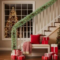 2 Pack 9 Ft. Pre-lit PVC Snow Flocked Christmas Garland With 200 Warm Lights And Red Berrie -Christmas Decor Shop karl home christmas garland k1g61000499 4f 1000