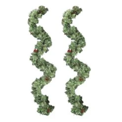 2 Pack 9 Ft. Pre-lit PVC Snow Flocked Christmas Garland With 200 Warm Lights And Red Berrie