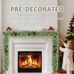 2 Pack 9 Ft. Pre-lit PVC Snow Flocked Christmas Garland With 200 Warm Lights And Red Berrie -Christmas Decor Shop karl home christmas garland k1g61000499 fa 1000