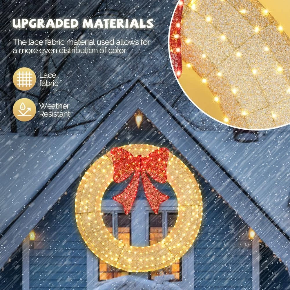 5 Ft. Gold Pre-lit Outdoor Large Wreath LED Artificial Christmas Garland With Red Bows 6 5 Ft. Gold Pre-lit Outdoor Large Wreath LED Artificial Christmas Garland With Red Bows - Image 4