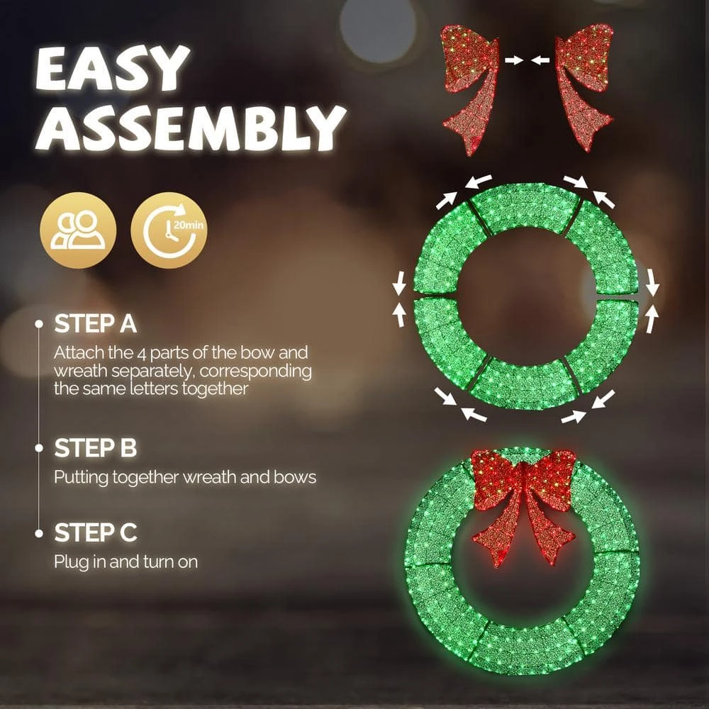 4 Ft. Green Pre-lit LED Outdoor Large Wreath Artificial Christmas Garland With Red Bows 7 4 Ft. Green Pre-lit LED Outdoor Large Wreath Artificial Christmas Garland With Red Bows - Image 5