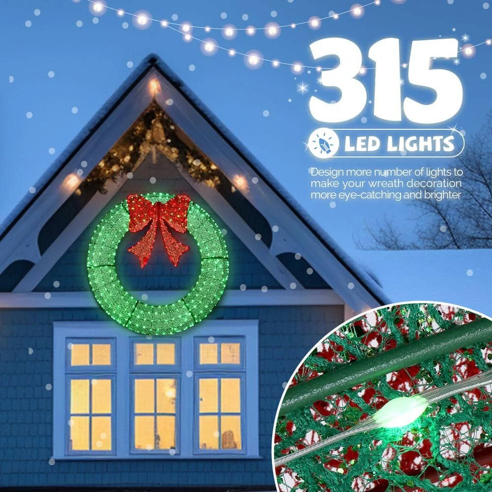 4 Ft. Green Pre-lit LED Outdoor Large Wreath Artificial Christmas Garland With Red Bows 4 4 Ft. Green Pre-lit LED Outdoor Large Wreath Artificial Christmas Garland With Red Bows - Image 2
