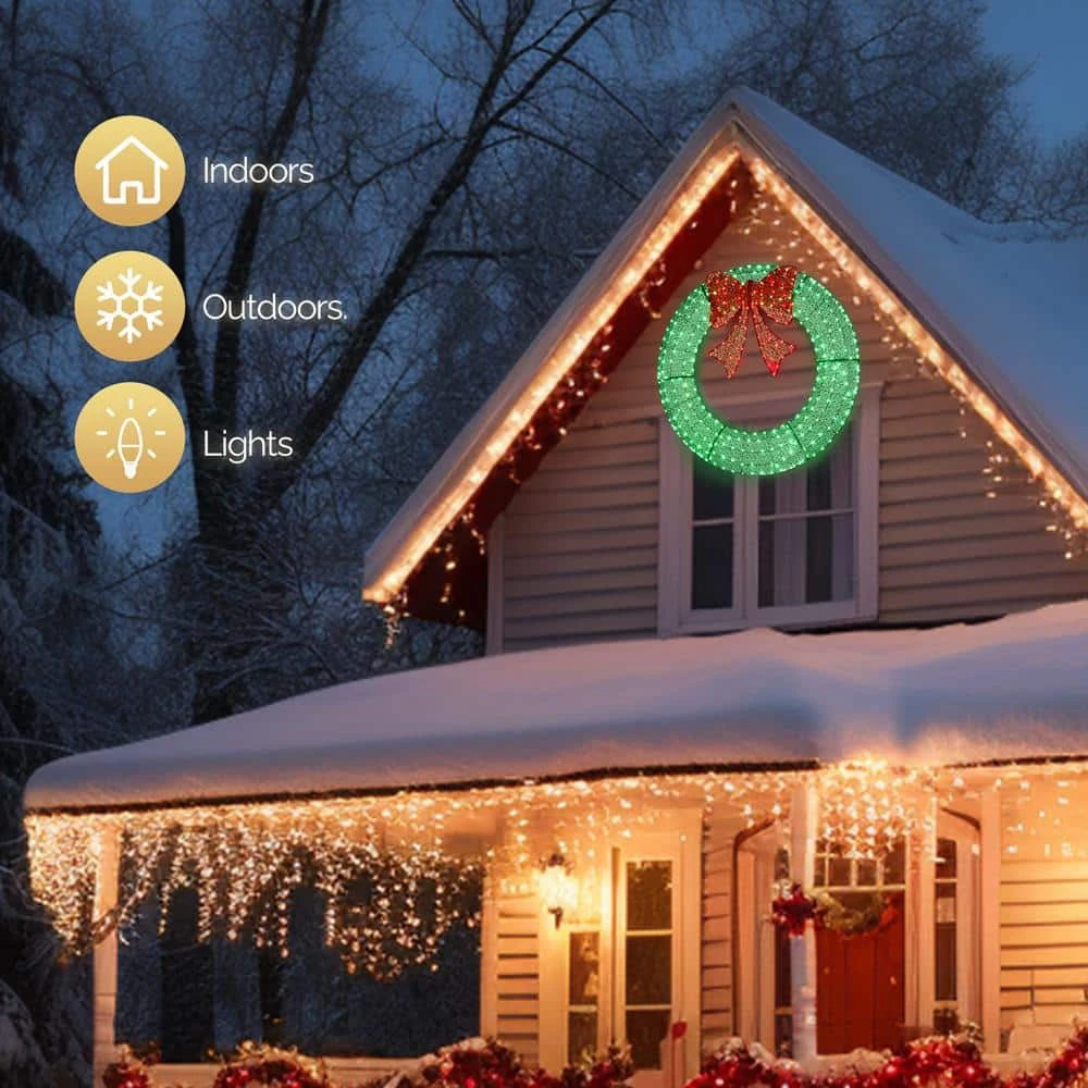 4 Ft. Green Pre-lit LED Outdoor Large Wreath Artificial Christmas Garland With Red Bows 8 4 Ft. Green Pre-lit LED Outdoor Large Wreath Artificial Christmas Garland With Red Bows - Image 6