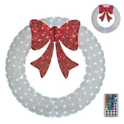 4 Ft. White Pre-lit LED Outdoor Large Wreath Artificial Christmas Garland With Red Bows