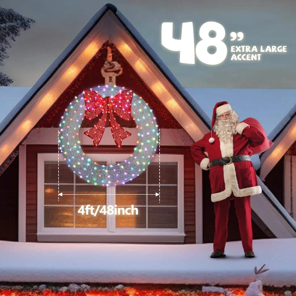 4 Ft. White Pre-lit LED Outdoor Large Wreath Artificial Christmas Garland With Red Bows 4 4 Ft. White Pre-lit LED Outdoor Large Wreath Artificial Christmas Garland With Red Bows - Image 2