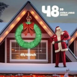 48 In. Green Pre-Lit LED Outdoor Artificial Christmas Wreath With 315 Lights And Red Bow -Christmas Decor Shop karl home christmas wreaths k1g61000060 4f 1000
