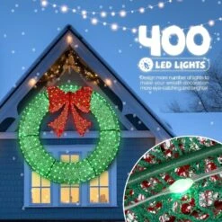 60 In. Green Pre-Lit LED Outdoor Artificial Christmas Wreath With 400 Lights And Red Bow -Christmas Decor Shop karl home christmas wreaths k1g61000062 4f 1000