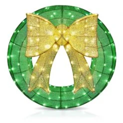24 In. Green Pre-Lit LED Green Artificial Christmas Wreath With Gold Bow Holiday Decoration