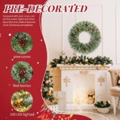 2 PCS 24in Pre-lit PVC PE Artificial Christmas Wreath With Warm Lights And Red Berries Pine Cones 13 2 PCS 24in Pre-lit PVC PE Artificial Christmas Wreath With Warm Lights And Red Berries Pine Cones -Christmas Decor Shop karl home christmas wreaths k1g61000498 4f 1000