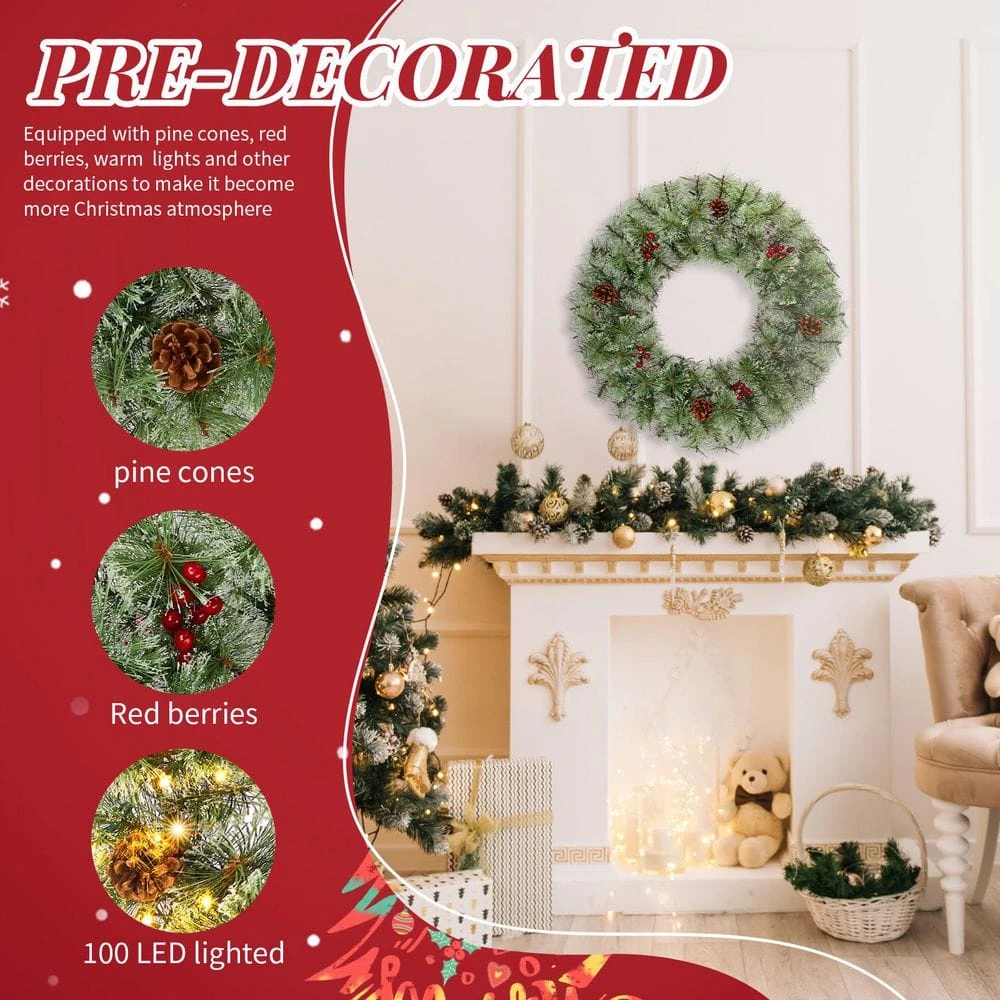 2 PCS 24in Pre-lit PVC PE Artificial Christmas Wreath With Warm Lights And Red Berries Pine Cones 6 2 PCS 24in Pre-lit PVC PE Artificial Christmas Wreath With Warm Lights And Red Berries Pine Cones - Image 4