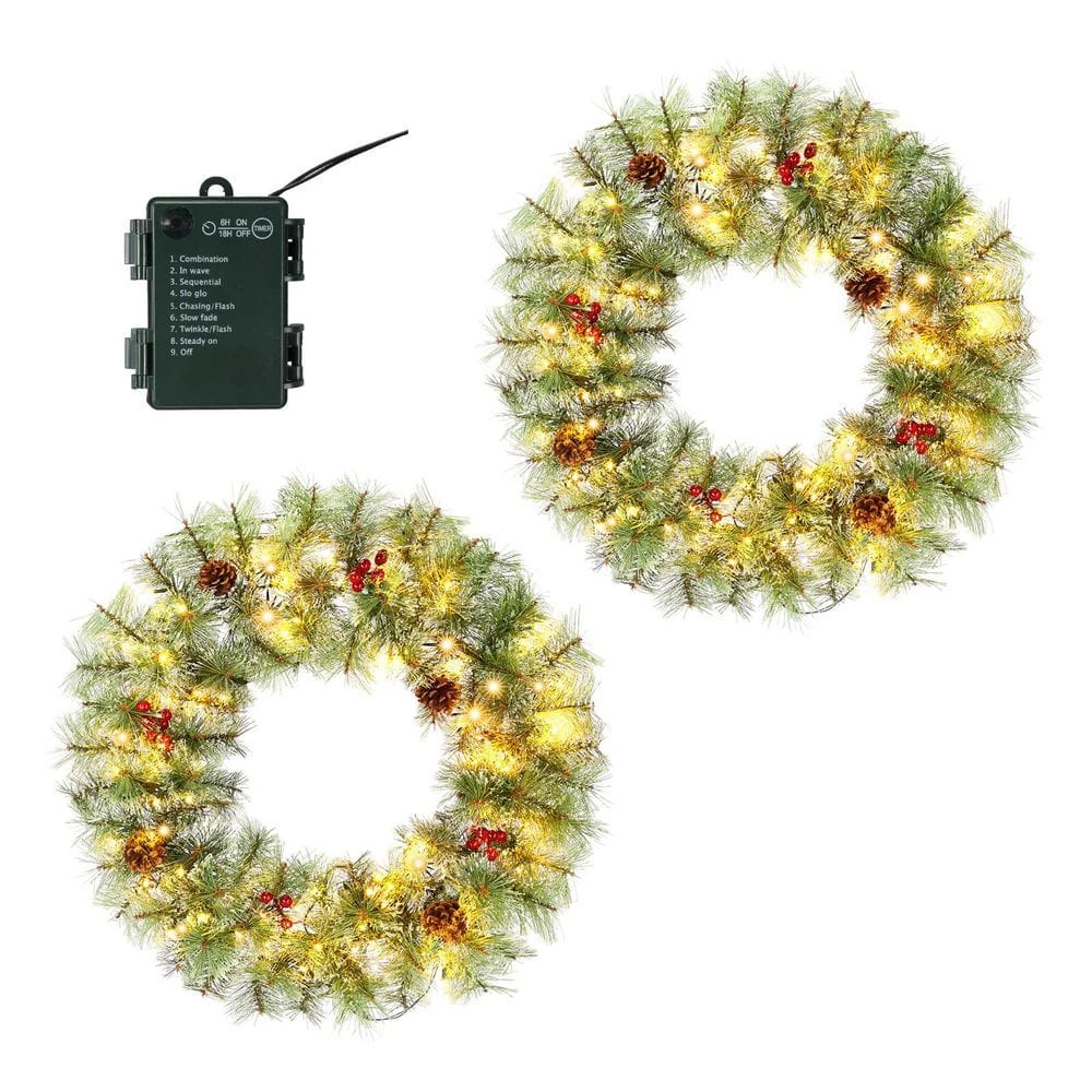 2 PCS 24in Pre-lit PVC PE Artificial Christmas Wreath With Warm Lights And Red Berries Pine Cones 3 2 PCS 24in Pre-lit PVC PE Artificial Christmas Wreath With Warm Lights And Red Berries Pine Cones