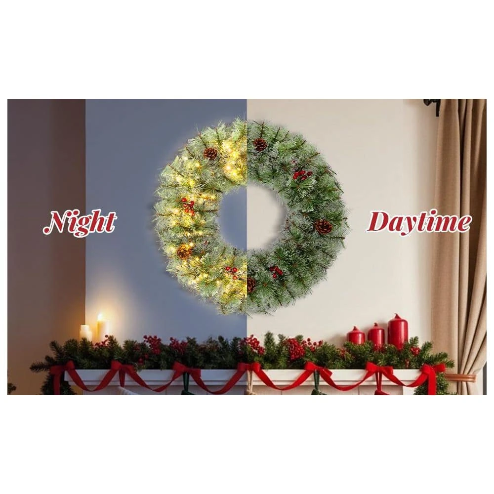 2 PCS 24in Pre-lit PVC PE Artificial Christmas Wreath With Warm Lights And Red Berries Pine Cones 4 2 PCS 24in Pre-lit PVC PE Artificial Christmas Wreath With Warm Lights And Red Berries Pine Cones - Image 2