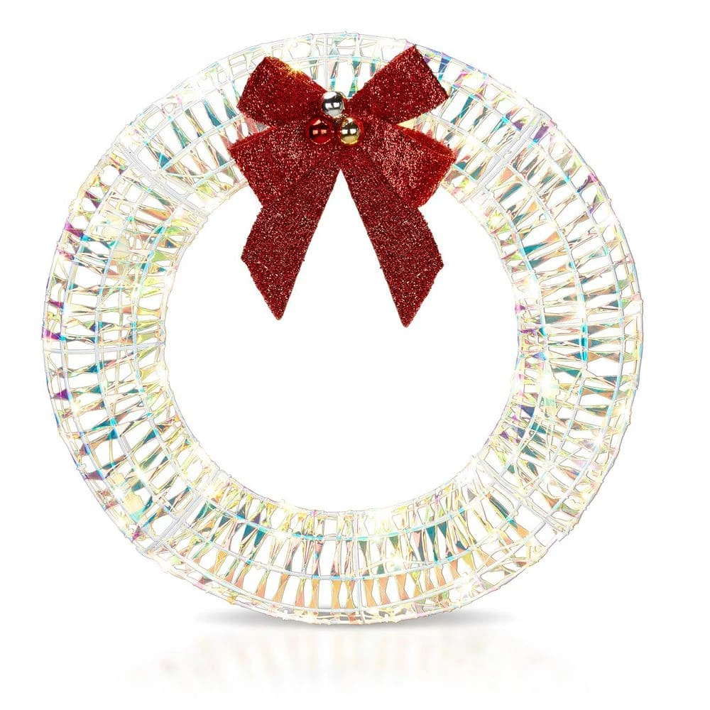 24 In. Pre-lit Iridescent Artificial Christmas Wreath With Red Bow 3 24 In. Pre-lit Iridescent Artificial Christmas Wreath With Red Bow
