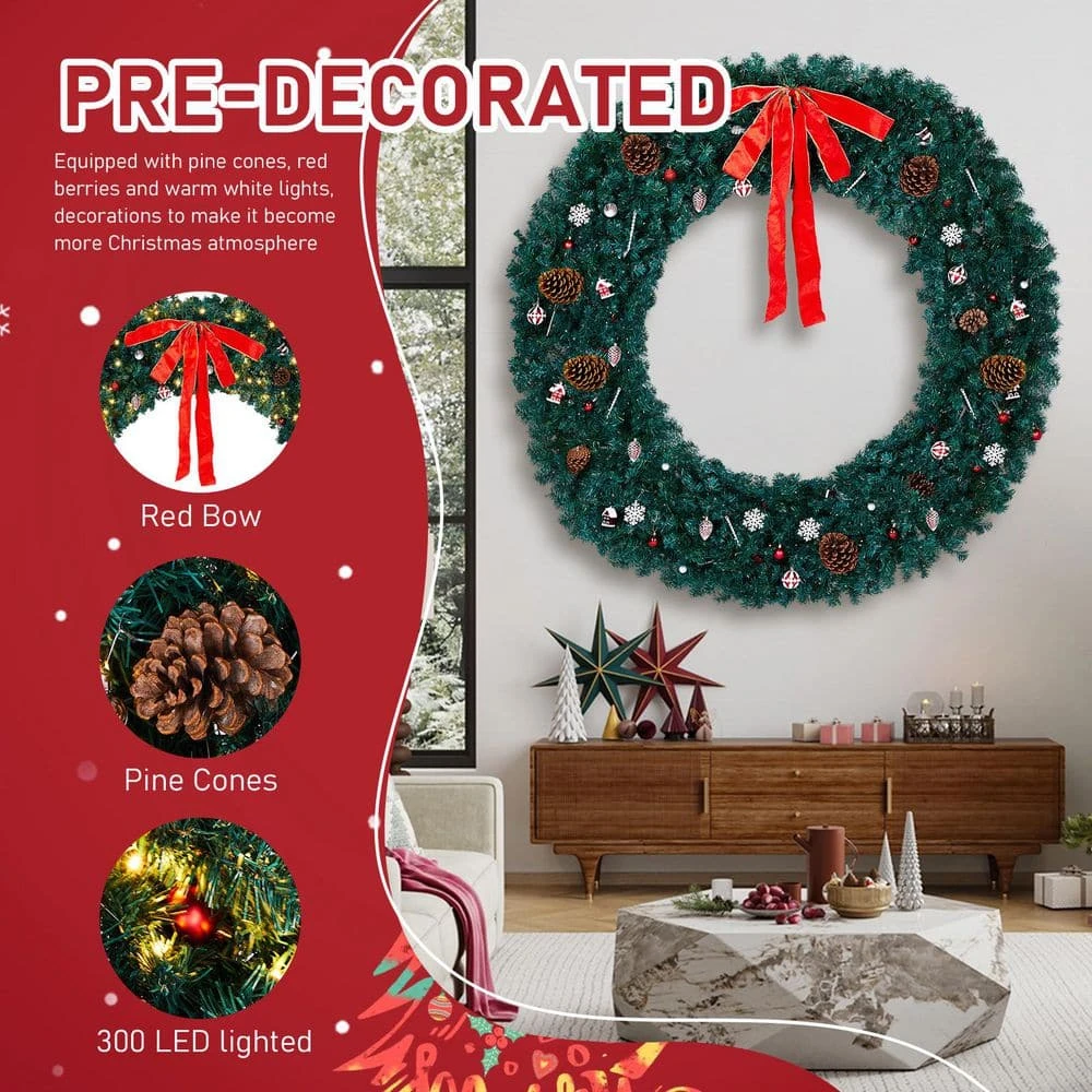 72 In. Pre-lit Artificial Christmas Wreath With Red Bow 1200 Branches 300 LED Lights 8 72 In. Pre-lit Artificial Christmas Wreath With Red Bow 1200 Branches 300 LED Lights - Image 6