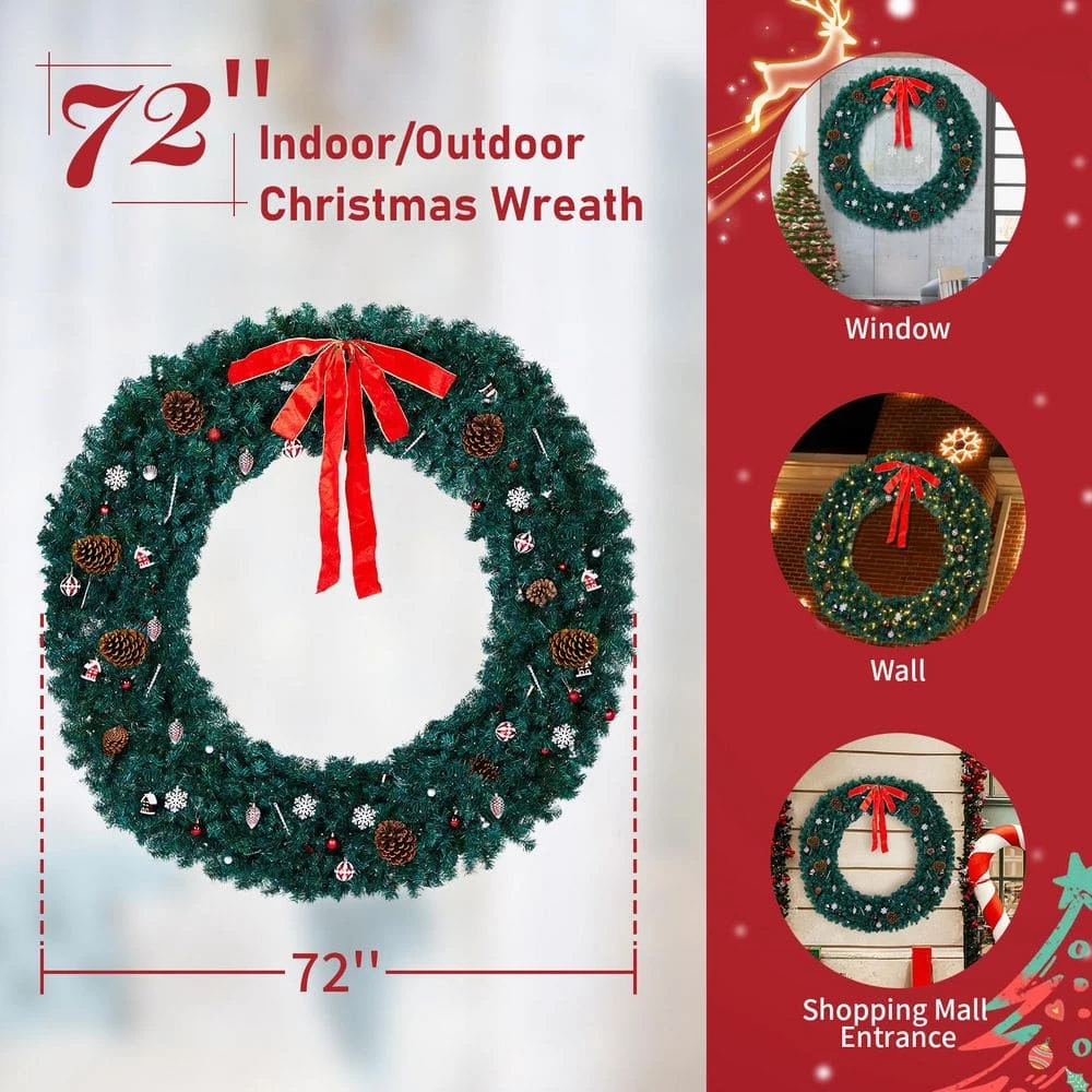 72 In. Pre-lit Artificial Christmas Wreath With Red Bow 1200 Branches 300 LED Lights 7 72 In. Pre-lit Artificial Christmas Wreath With Red Bow 1200 Branches 300 LED Lights - Image 5