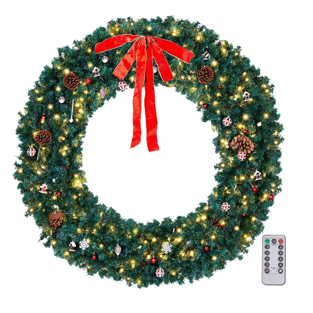 72 In. Pre-lit Artificial Christmas Wreath With Red Bow 1200 Branches 300 LED Lights 3 72 In. Pre-lit Artificial Christmas Wreath With Red Bow 1200 Branches 300 LED Lights
