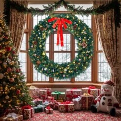 72 In. Pre-lit Artificial Christmas Wreath With Red Bow 1200 Branches 300 LED Lights 14 72 In. Pre-lit Artificial Christmas Wreath With Red Bow 1200 Branches 300 LED Lights -Christmas Decor Shop karl home christmas wreaths k1g61000563 c3 1000