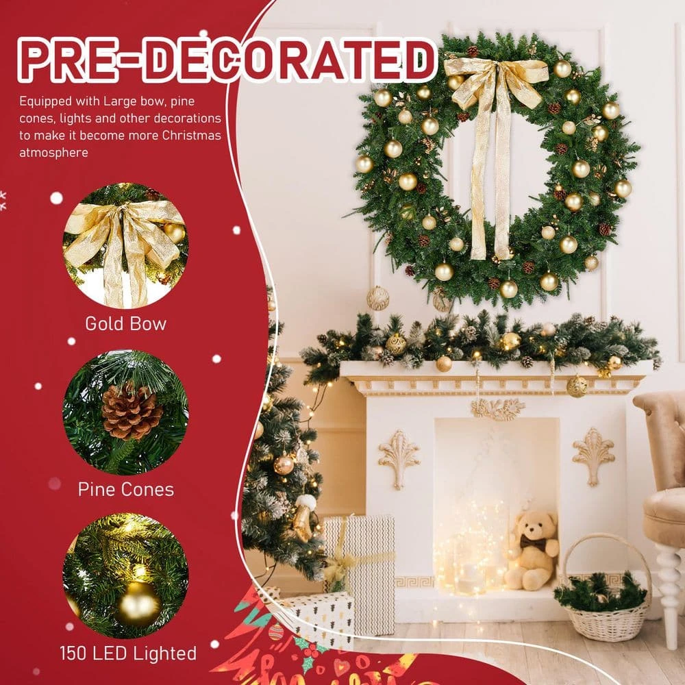 48 In. Green Pre-Lit LED Artificial Christmas Wreath With Pinecones And Gold Ornaments 7 48 In. Green Pre-Lit LED Artificial Christmas Wreath With Pinecones And Gold Ornaments - Image 5